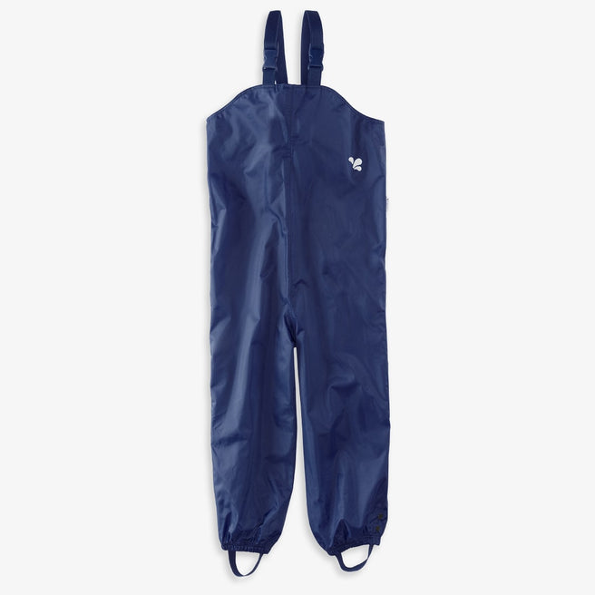 Blue dungarees with adjustable straps for children to play in. The dungarees are waterproof and ideal for wet weather.